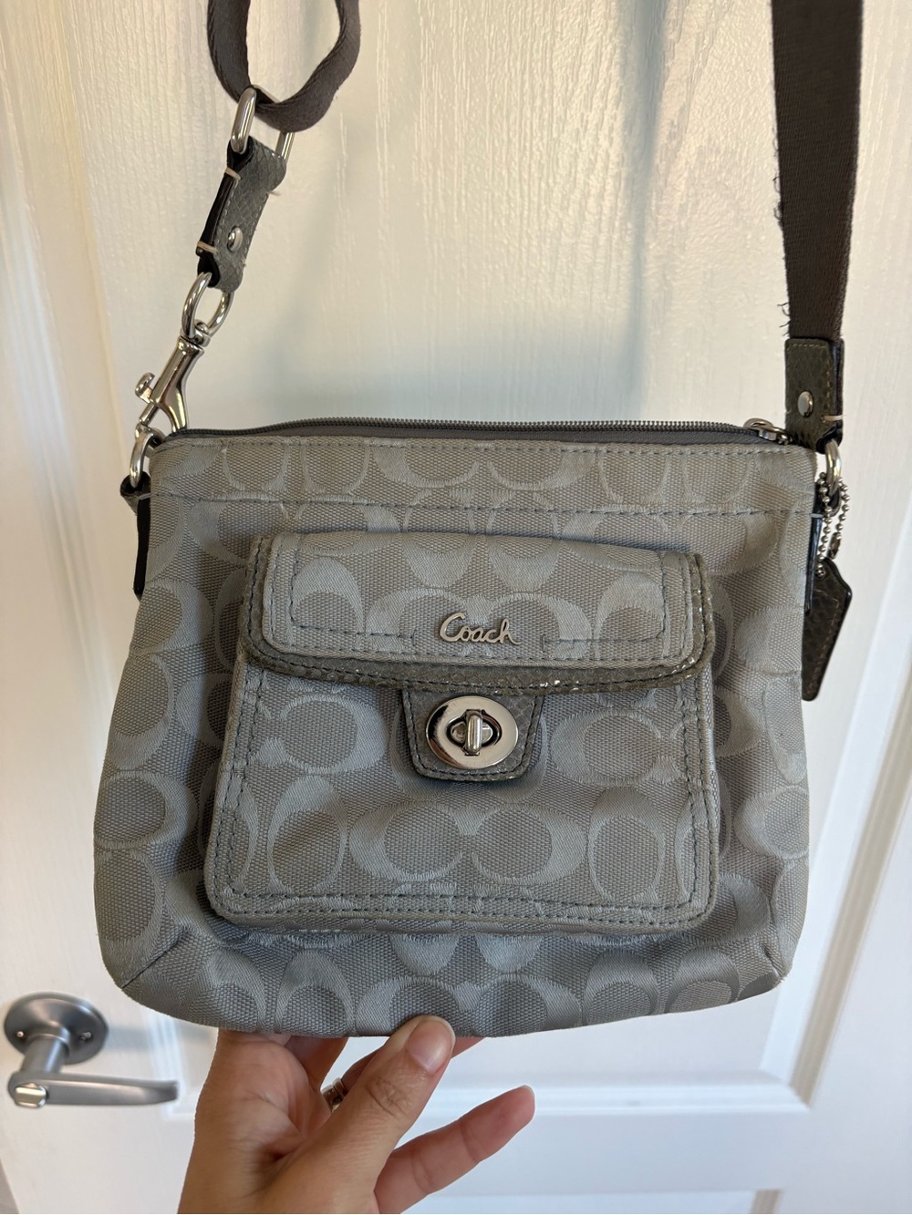Coach Gray Signature Nylon Crossbody with Front Flap Pocket